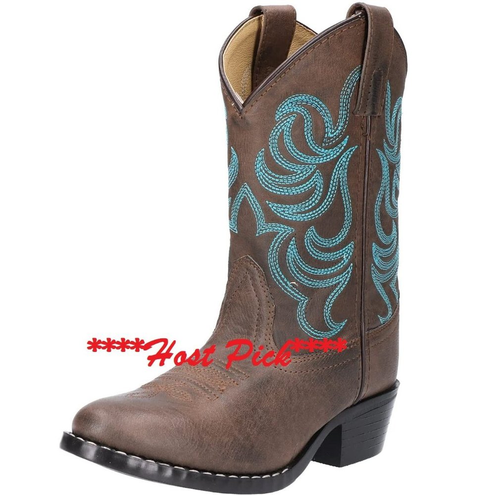 Brown Kids Western Boot with Turquoise Stitching